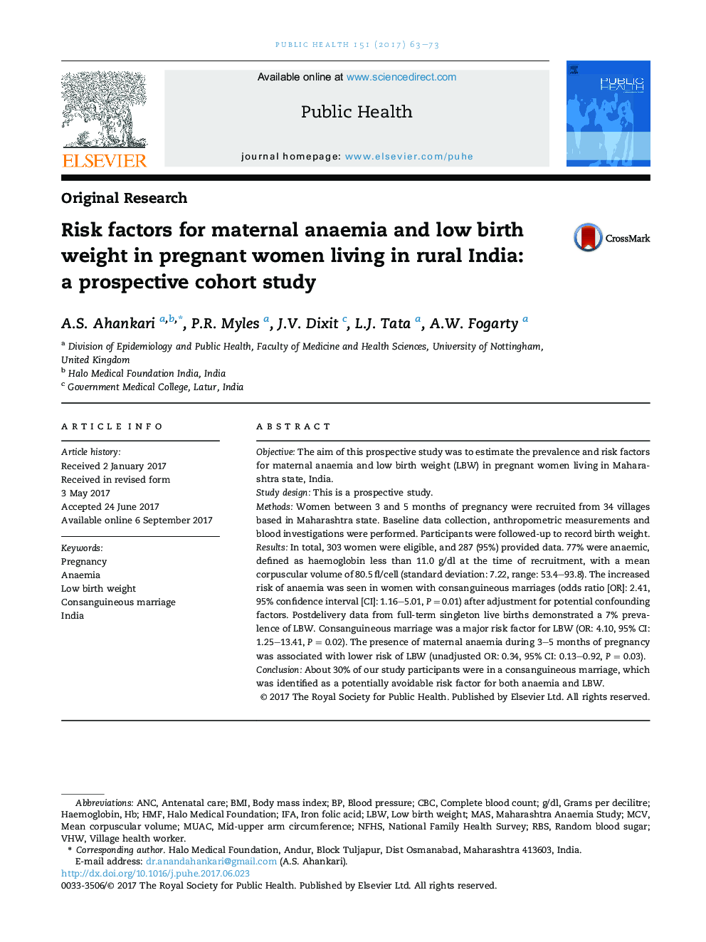 Risk factors for maternal anaemia and low birth weight in pregnant women living in rural India: aÂ prospective cohort study