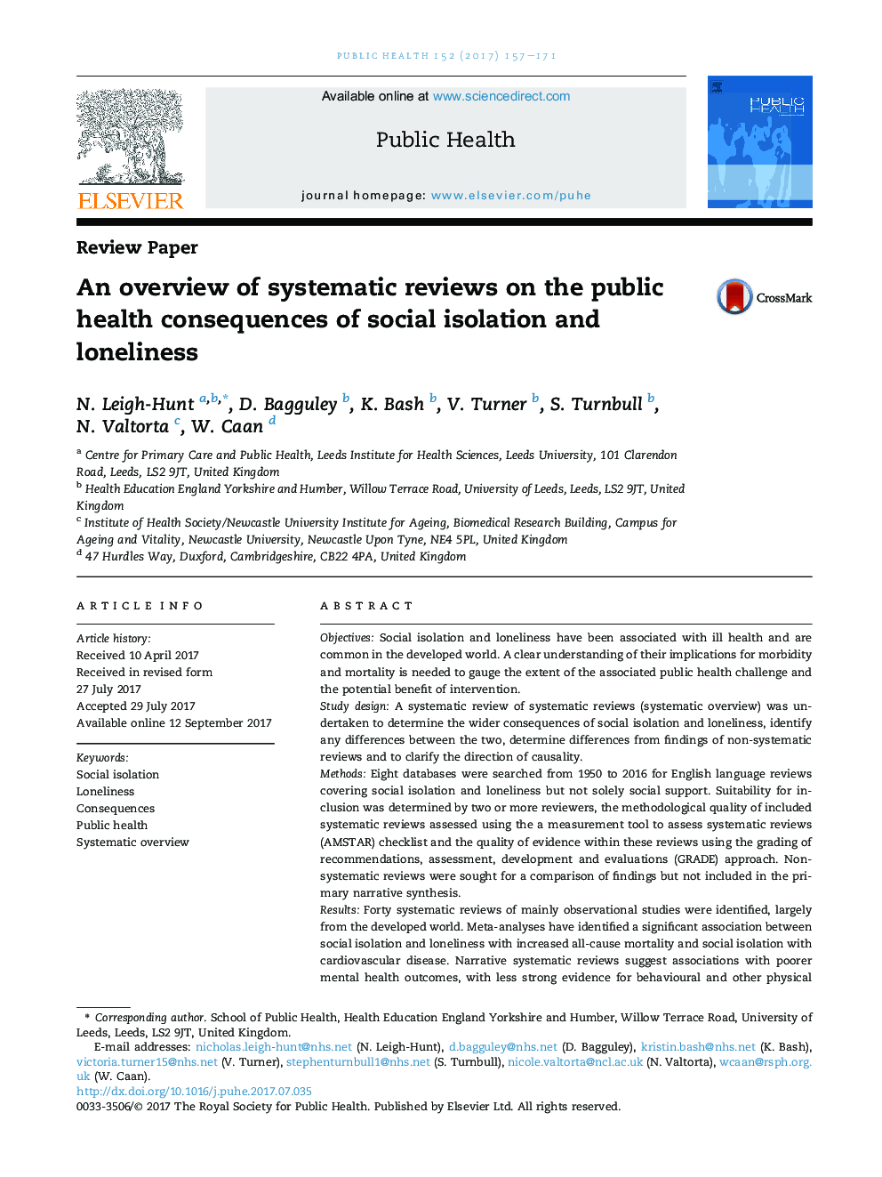 یک مرور کلی از بررسی سیستماتیک بر پیامدهای بهداشت عمومی انزوای اجتماعی و تنهایی 