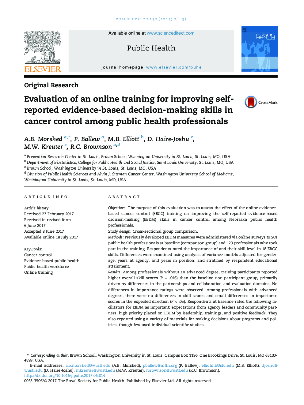Evaluation of an online training for improving self-reported evidence-based decision-making skills in cancer control among public health professionals