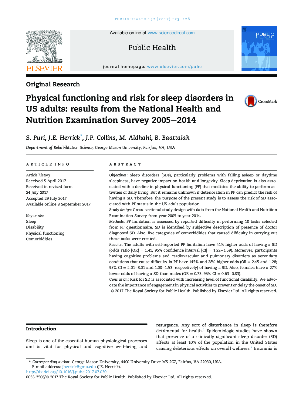 Physical functioning and risk for sleep disorders in US adults: results from the National Health and Nutrition Examination Survey 2005-2014