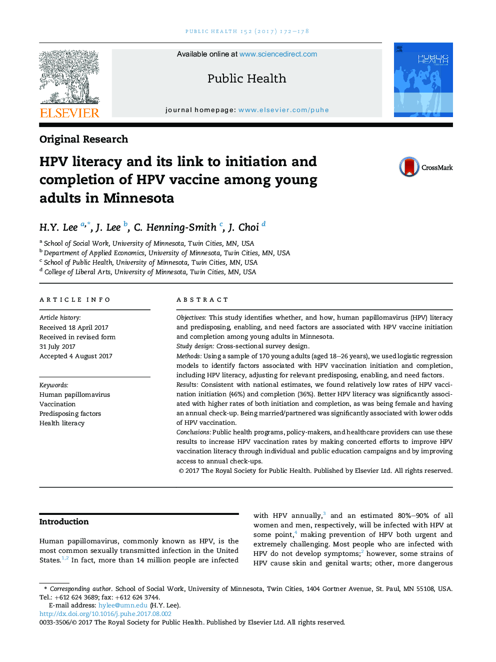 HPV literacy and its link to initiation and completion of HPV vaccine among young adultsÂ inÂ Minnesota