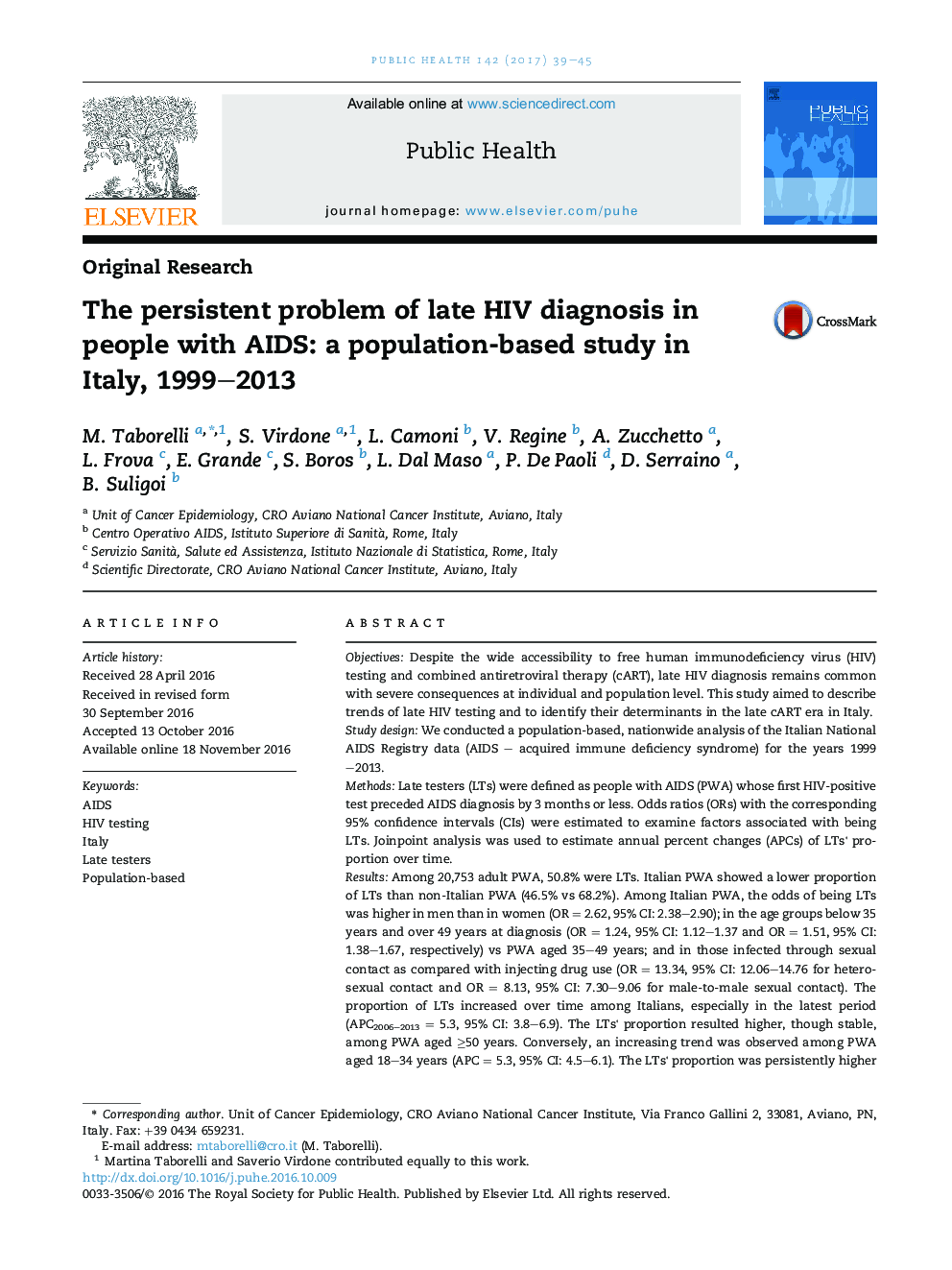 The persistent problem of late HIV diagnosis in people with AIDS: a population-based study in Italy, 1999-2013