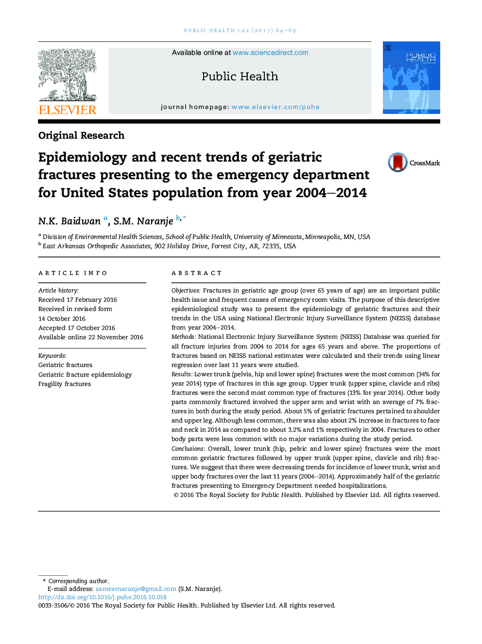 Epidemiology and recent trends of geriatric fractures presenting to the emergency department for United States population from year 2004-2014