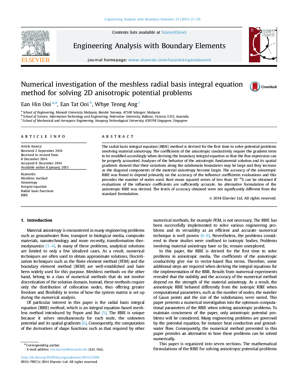 Numerical investigation of the meshless radial basis integral equation method for solving 2D anisotropic potential problems