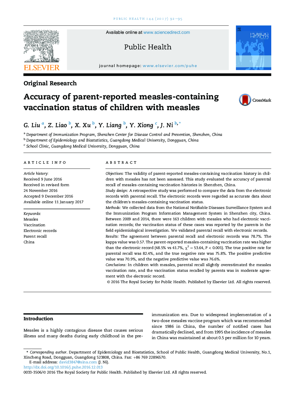 Accuracy of parent-reported measles-containing vaccination status of children with measles