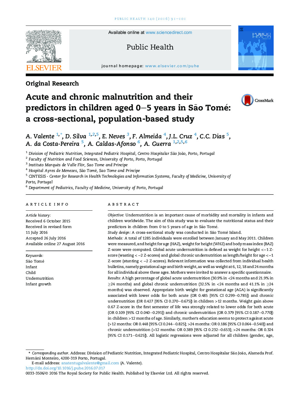 Acute and chronic malnutrition and their predictors in children aged 0-5 years in SÃ£o Tomé: a cross-sectional, population-based study