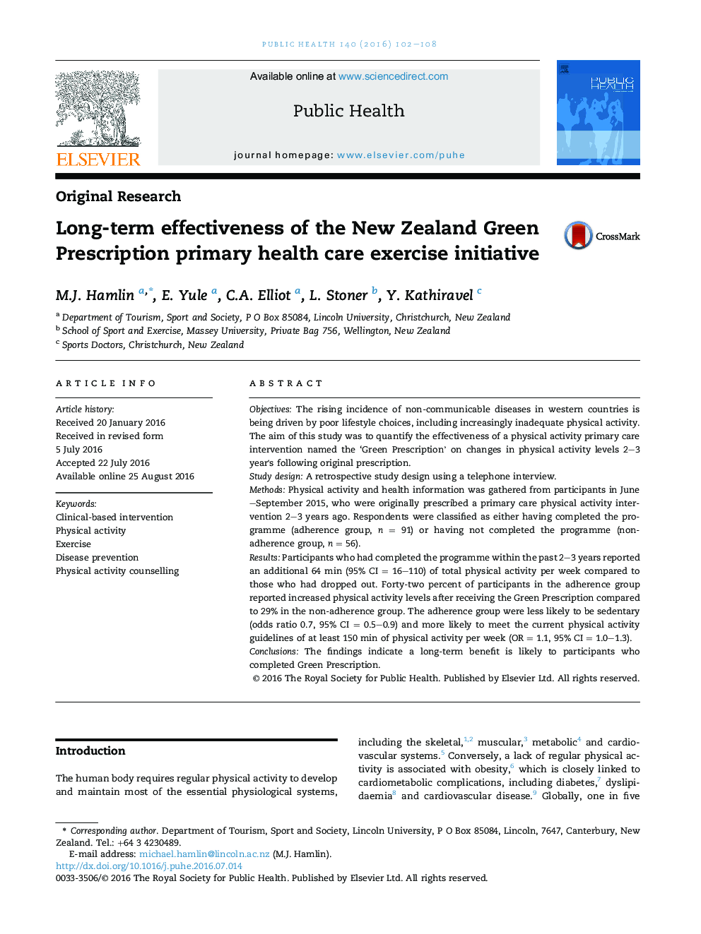 Long-term effectiveness of the New Zealand Green Prescription primary health care exercise initiative
