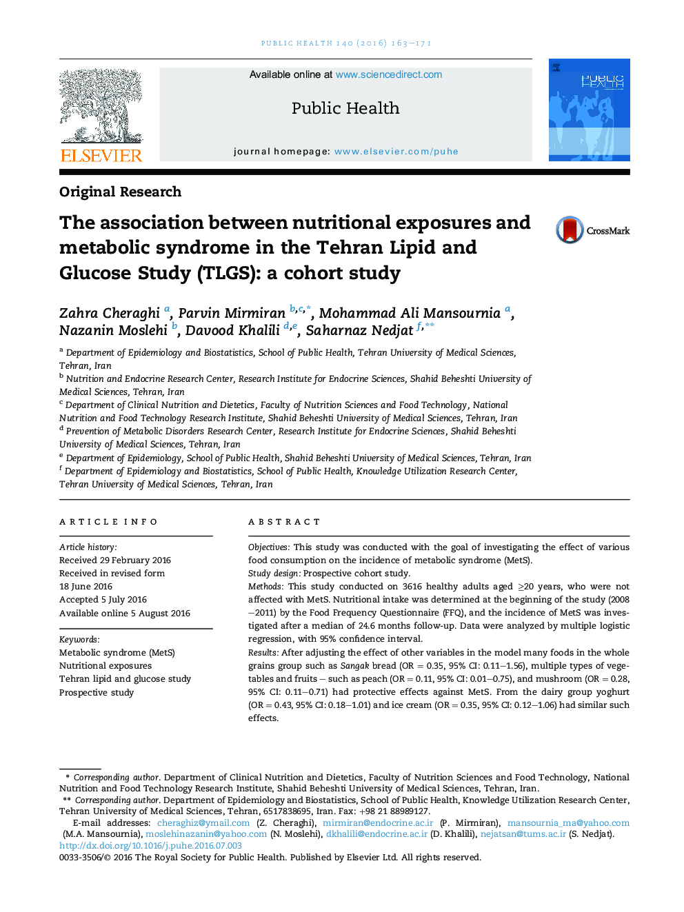 The association between nutritional exposures and metabolic syndrome in the Tehran Lipid and Glucose Study (TLGS): a cohort study