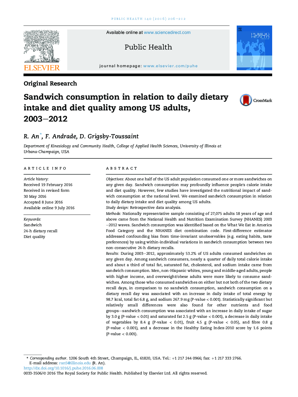 Sandwich consumption in relation to daily dietary intake and diet quality among US adults, 2003-2012