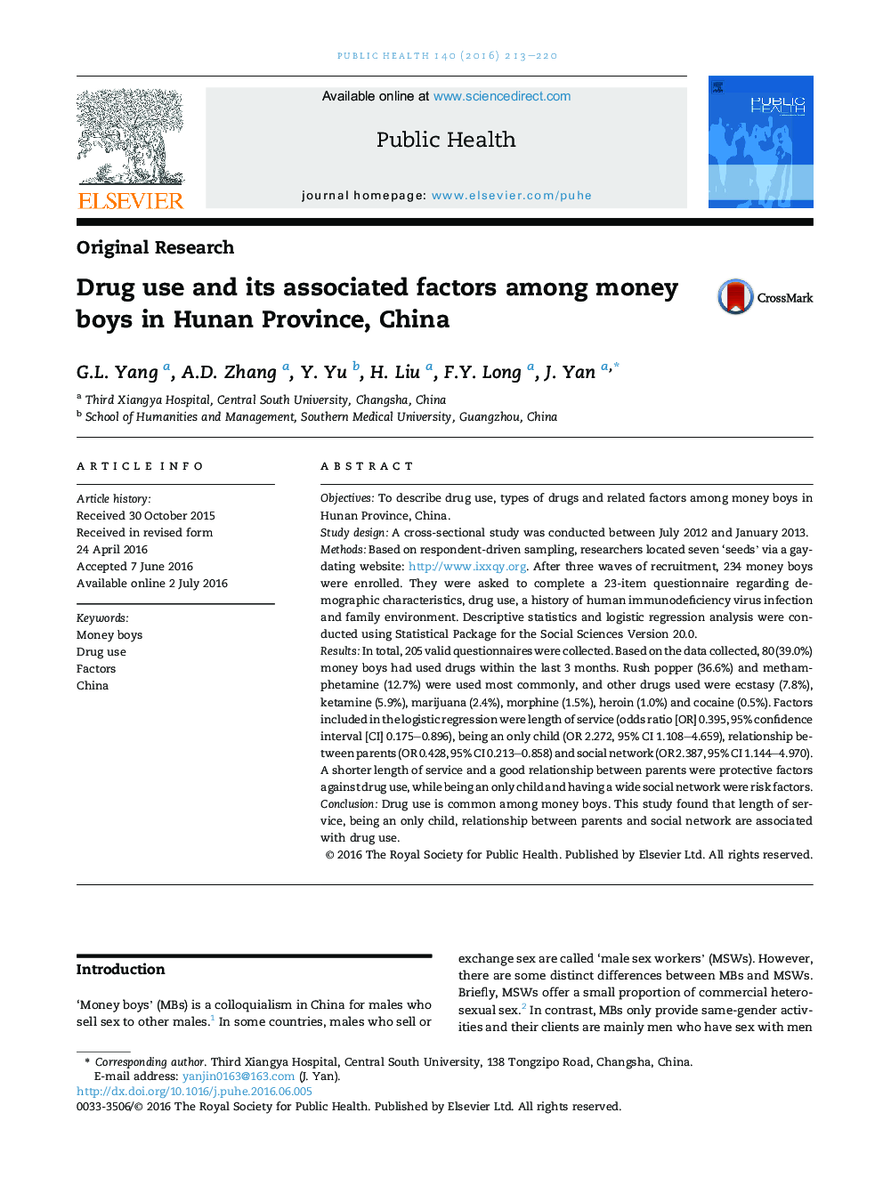 Drug use and its associated factors among money boys in Hunan Province, China