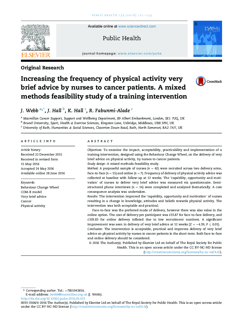 Increasing the frequency of physical activity very brief advice by nurses to cancer patients. A mixed methods feasibility study of a training intervention