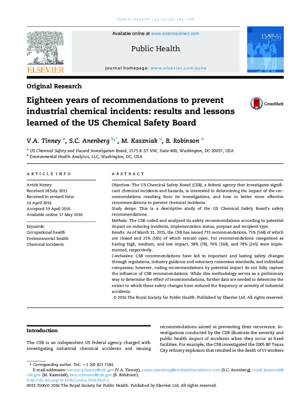 Eighteen years of recommendations to prevent industrial chemical incidents: results and lessons learned of the US Chemical Safety Board