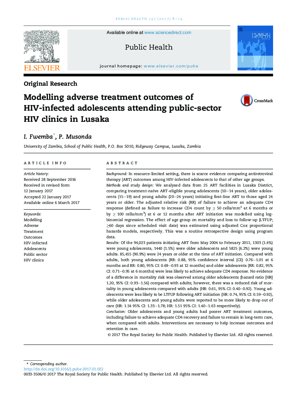 Modelling adverse treatment outcomes of HIV-infected adolescents attending public-sector HIV clinics in Lusaka