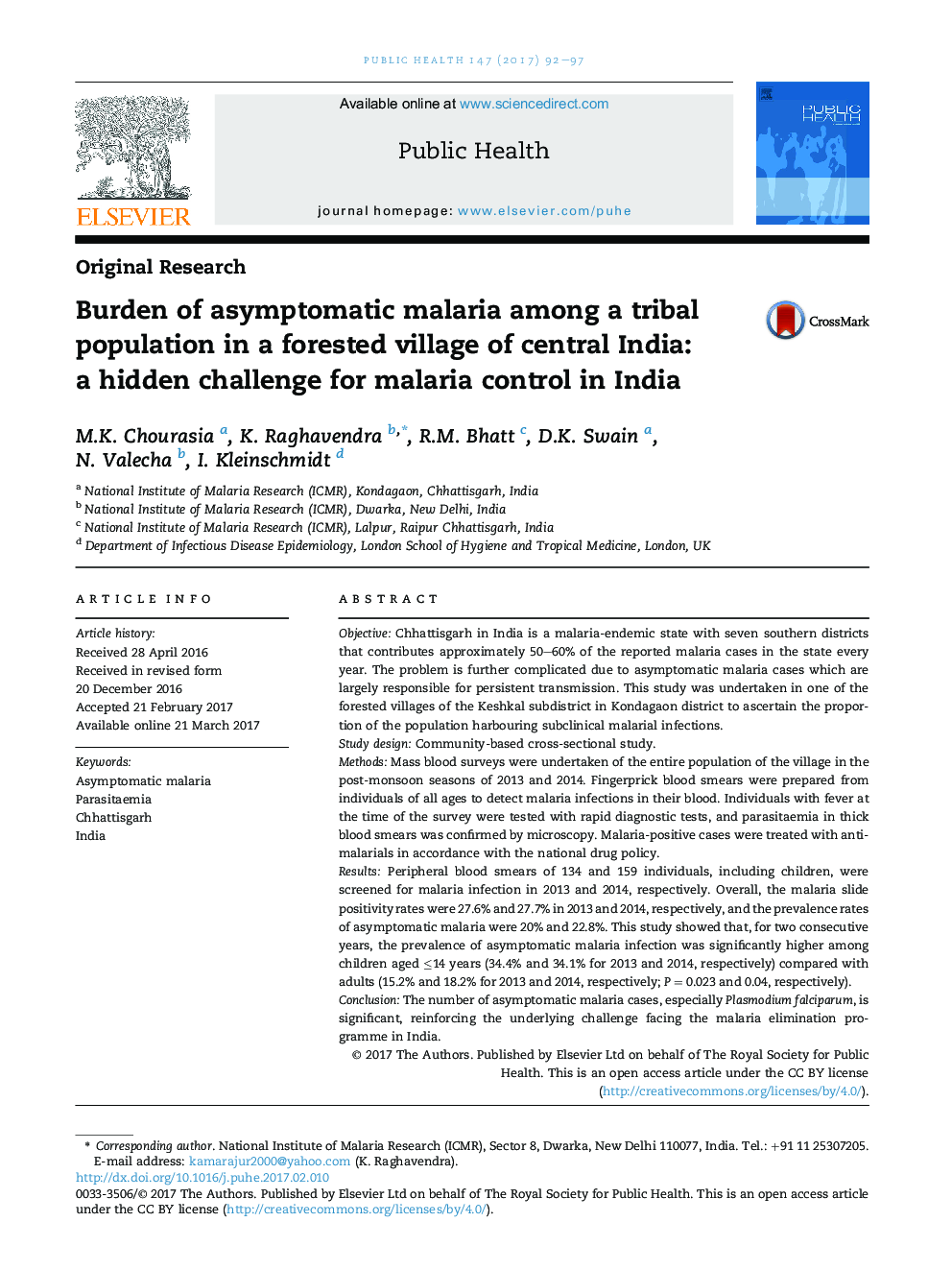 Burden of asymptomatic malaria among a tribal population in a forested village of central India: aÂ hidden challenge for malaria control in India