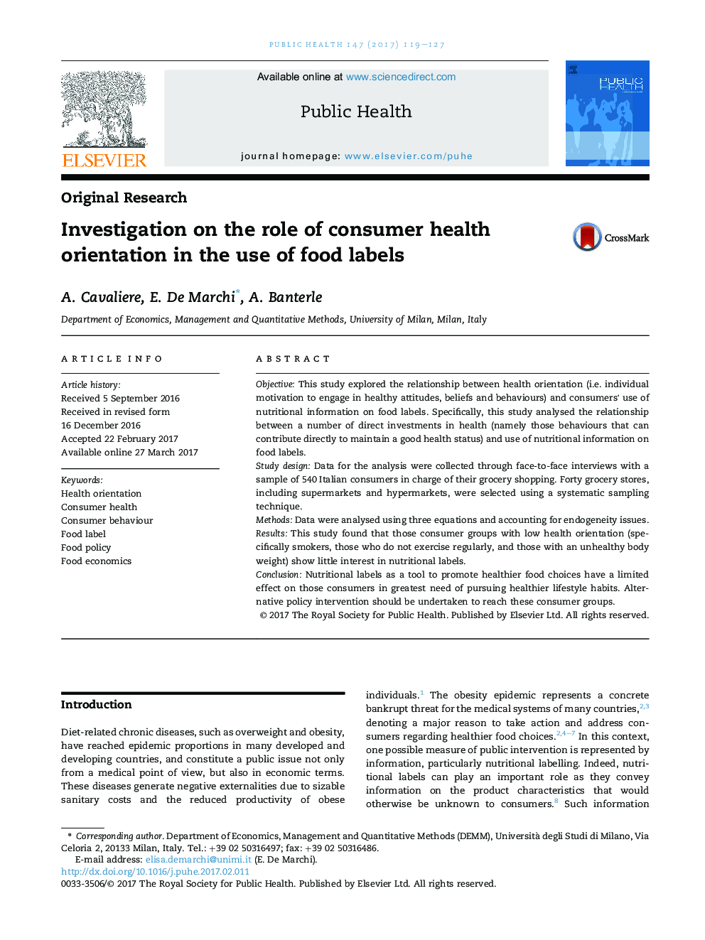 Investigation on the role of consumer health orientation in the use of food labels