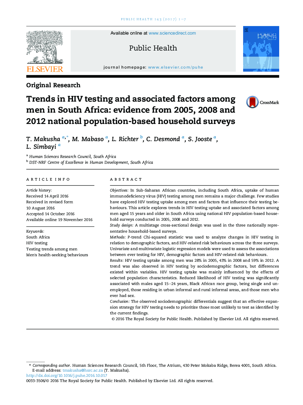 Trends in HIV testing and associated factors among men in South Africa: evidence from 2005, 2008 and 2012 national population-based household surveys