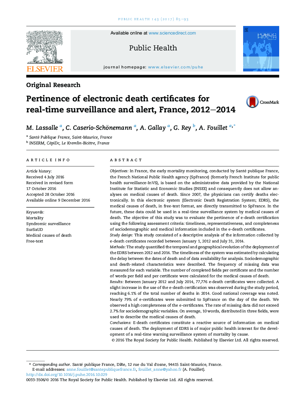 Pertinence of electronic death certificates for real-time surveillance and alert, France, 2012-2014