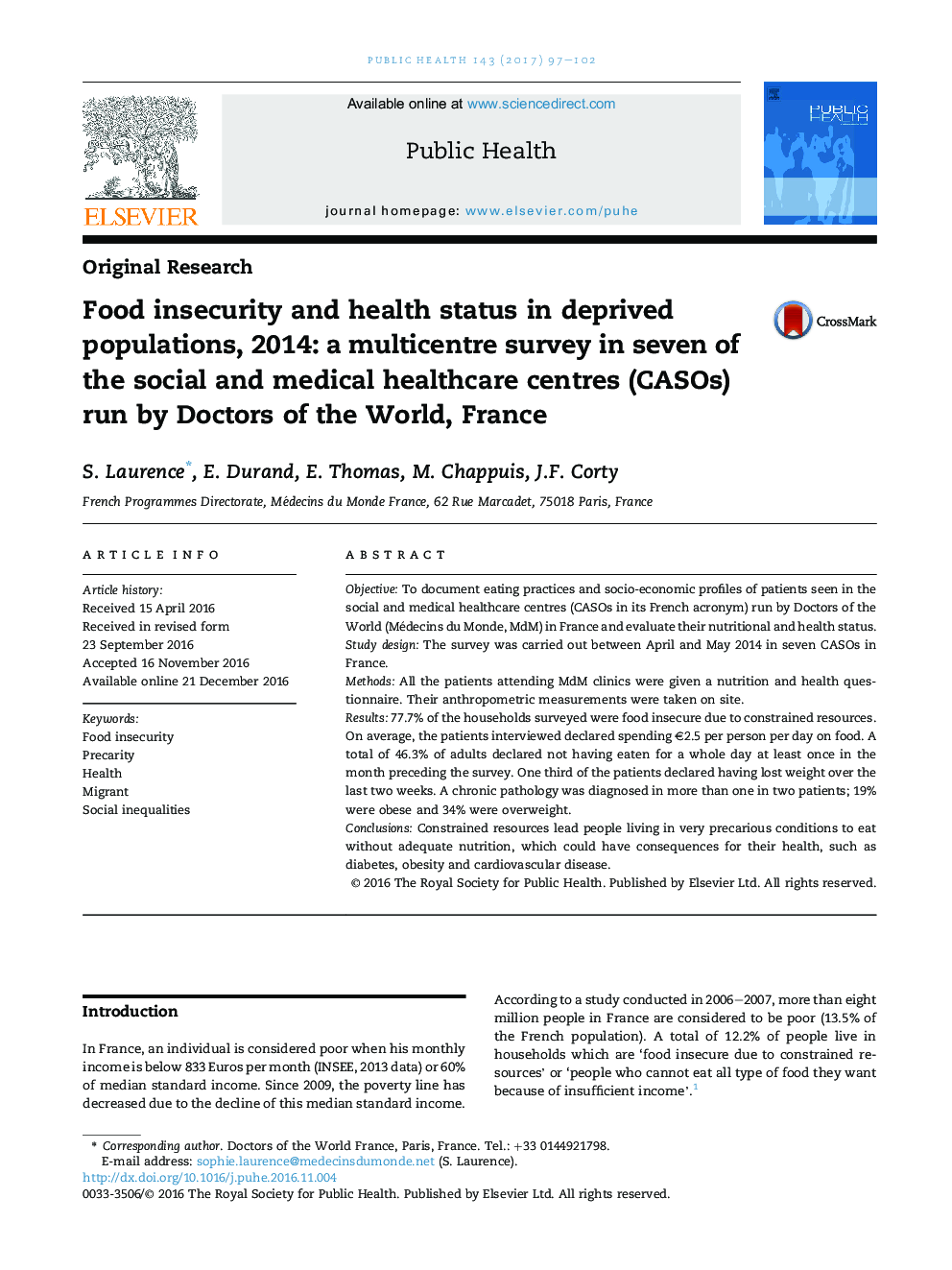 Food insecurity and health status in deprived populations, 2014: a multicentre survey in seven of the social and medical healthcare centres (CASOs) run by Doctors of the World, France