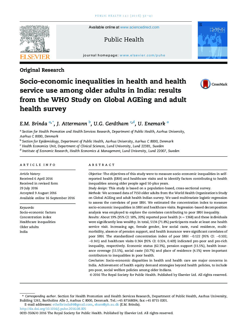 Socio-economic inequalities in health and health service use among older adults in India: results from the WHO Study on Global AGEing and adult health survey