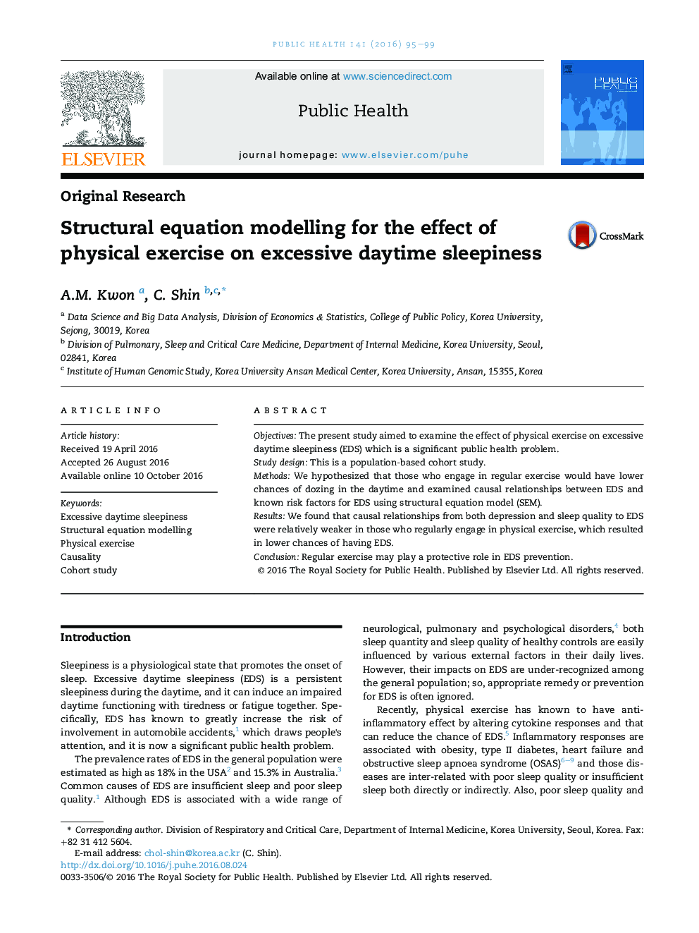 Structural equation modelling for the effect of physical exercise on excessive daytime sleepiness