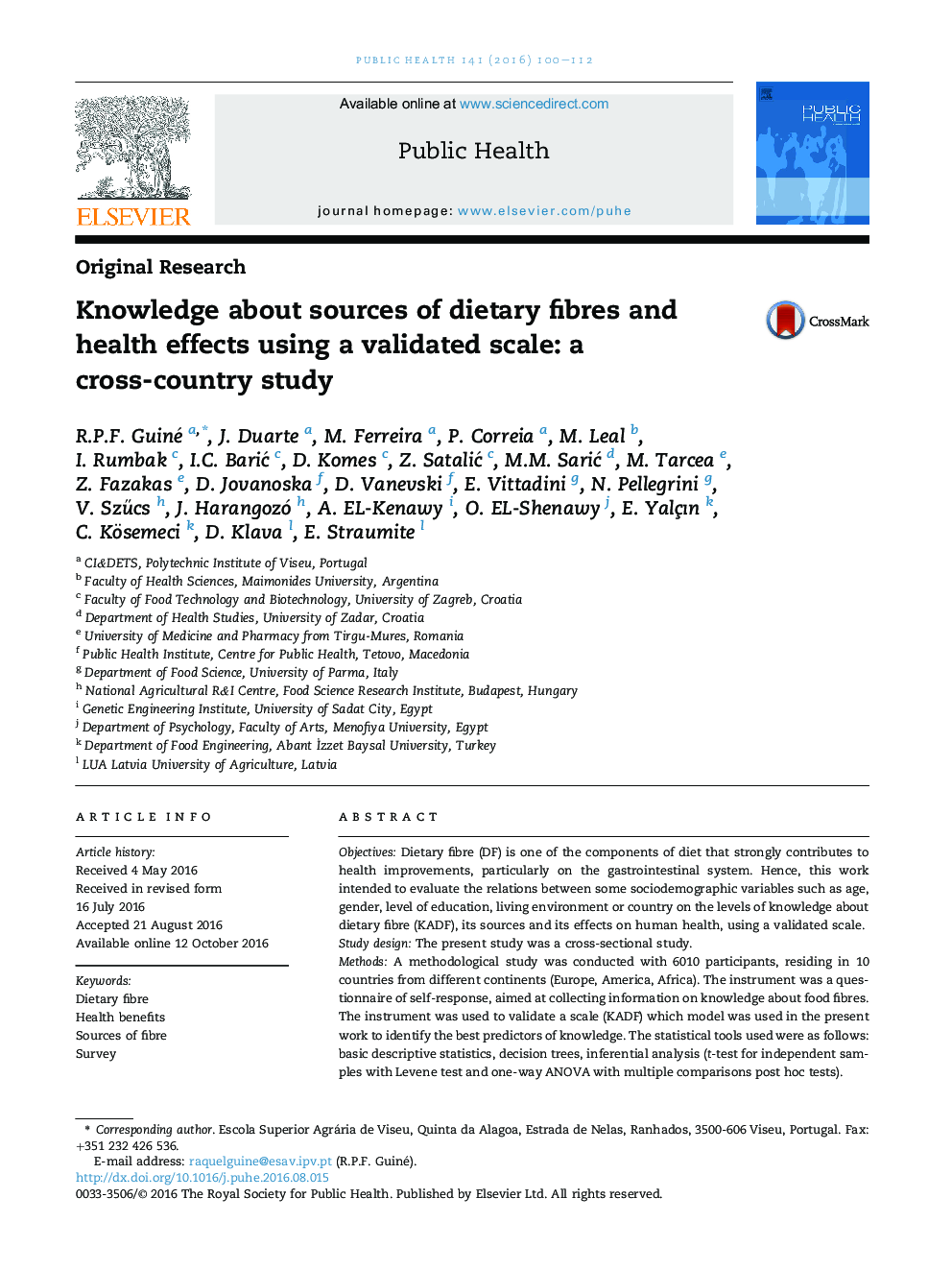 دانش در مورد منابع الیاف رژیمی و اثرات بهداشتی با استفاده از یک مقیاس معتبر: یک مطالعه در سطح بین المللی 