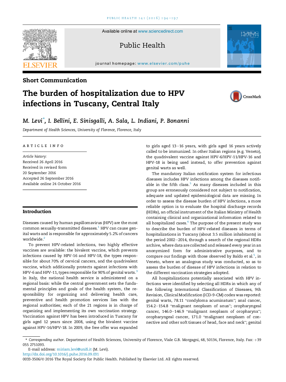 The burden of hospitalization due to HPV infections in Tuscany, Central Italy