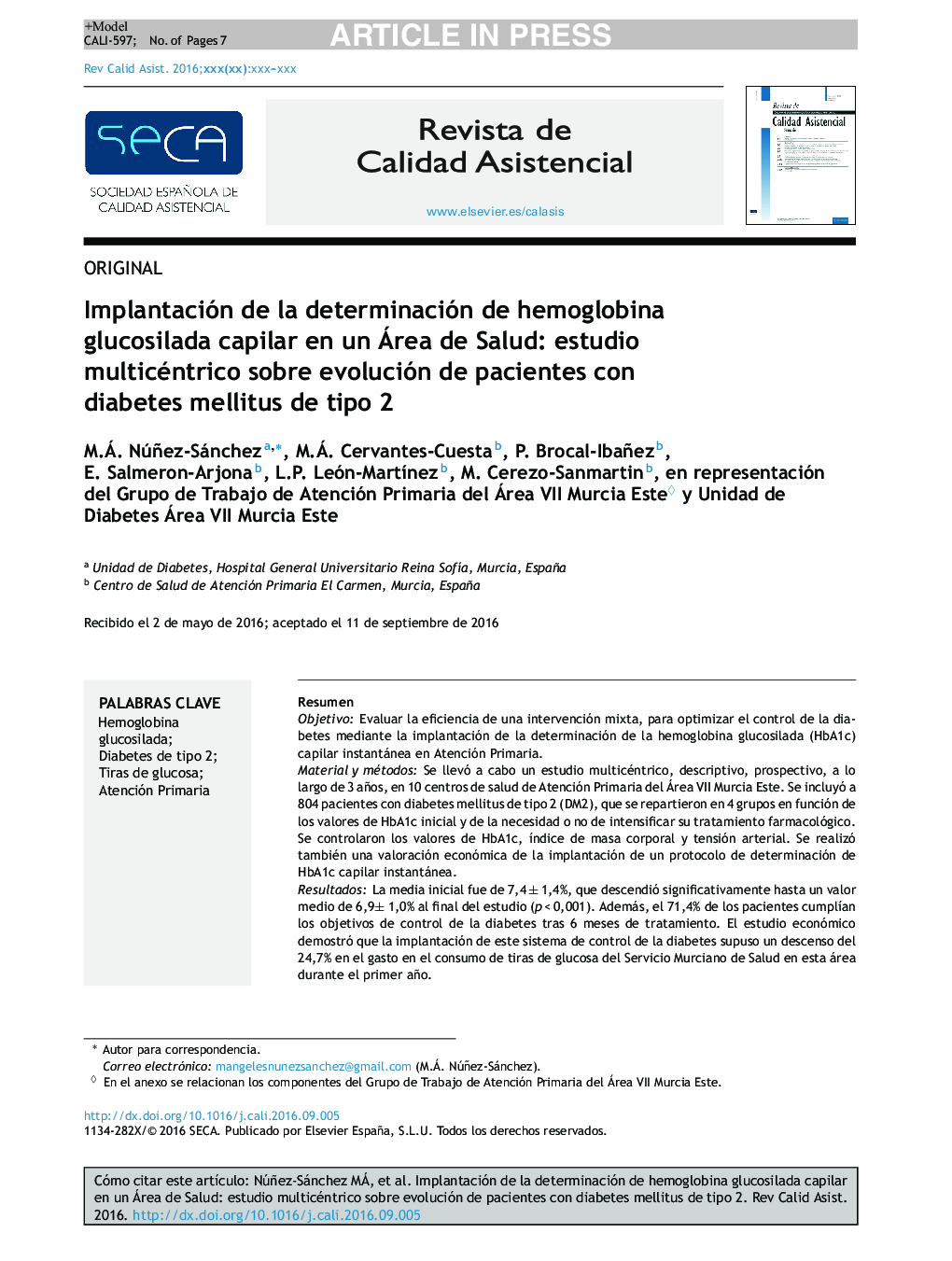 Implantación de la determinación de hemoglobina glucosilada capilar en un Área de Salud: estudio multicéntrico sobre evolución de pacientes con diabetes mellitus de tipo 2