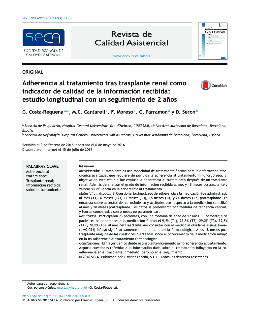 Adherencia al tratamiento tras trasplante renal como indicador de calidad de la información recibida: estudio longitudinal con un seguimiento de 2 años