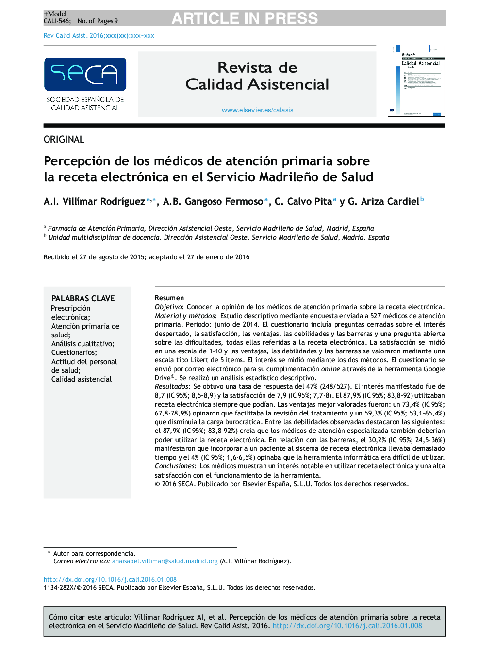 Percepción de los médicos de atención primaria sobre la receta electrónica en el Servicio Madrileño de Salud
