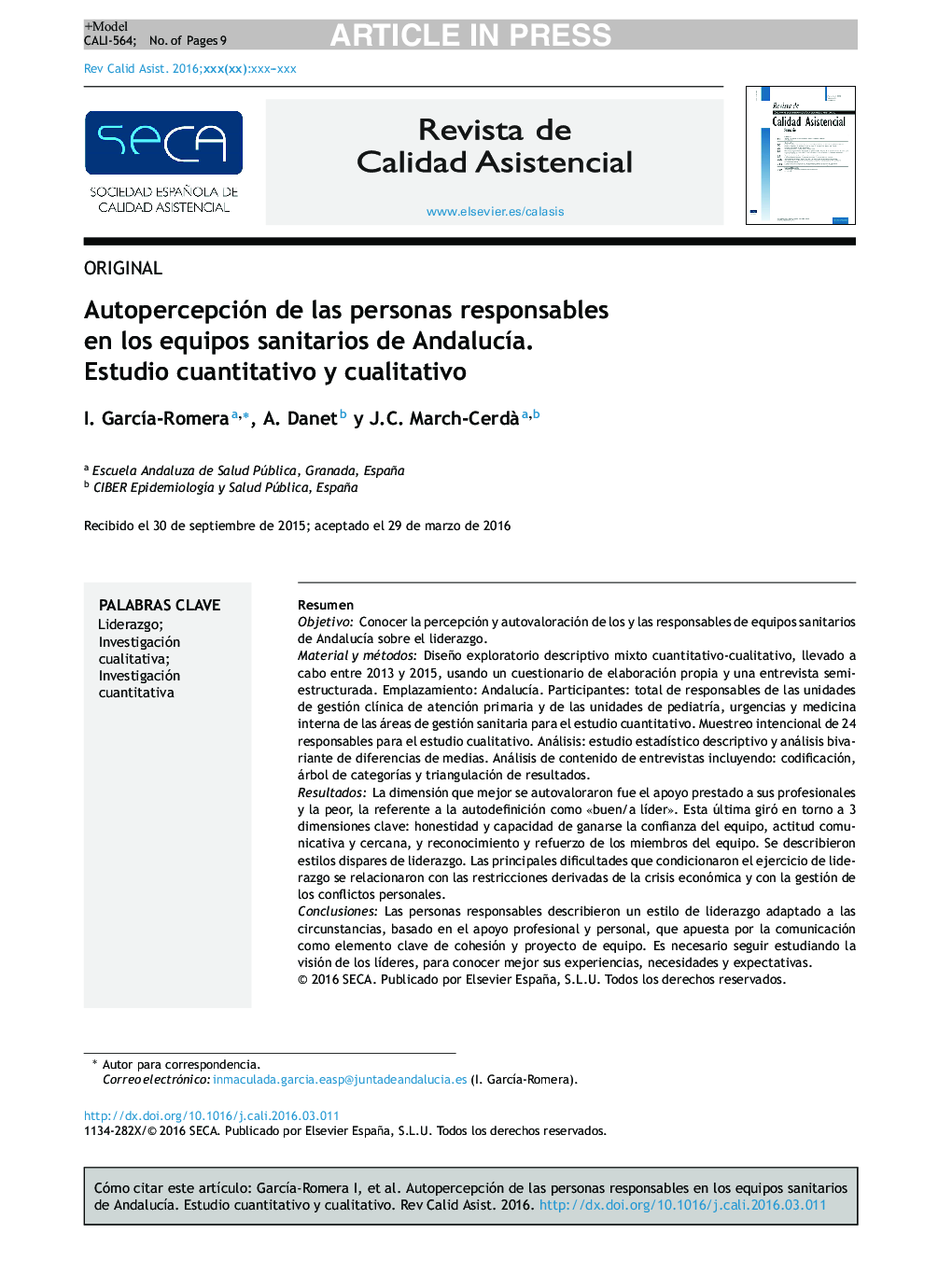 Autopercepción de las personas responsables en los equipos sanitarios de AndalucÃ­a. Estudio cuantitativo y cualitativo