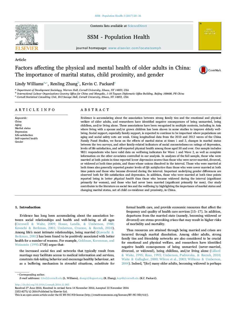 Factors affecting the physical and mental health of older adults in China: The importance of marital status, child proximity, and gender