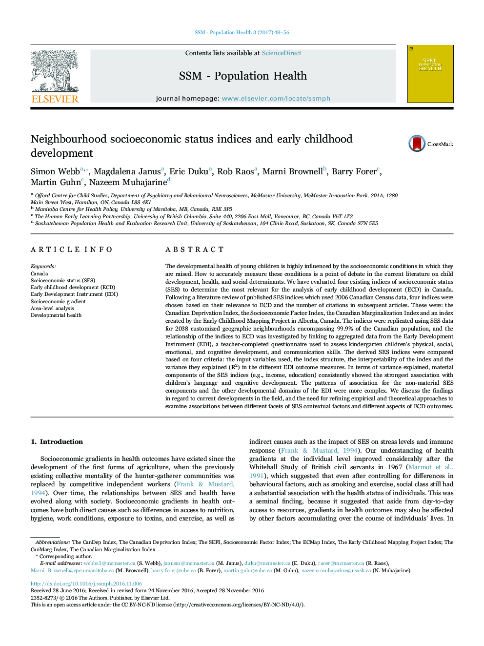 Neighbourhood socioeconomic status indices and early childhood development