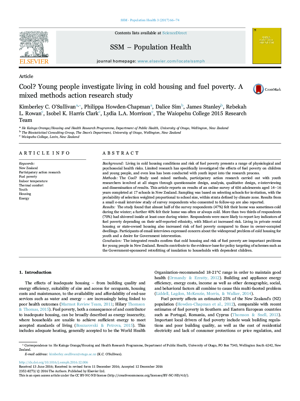 Cool? Young people investigate living in cold housing and fuel poverty. A mixed methods action research study