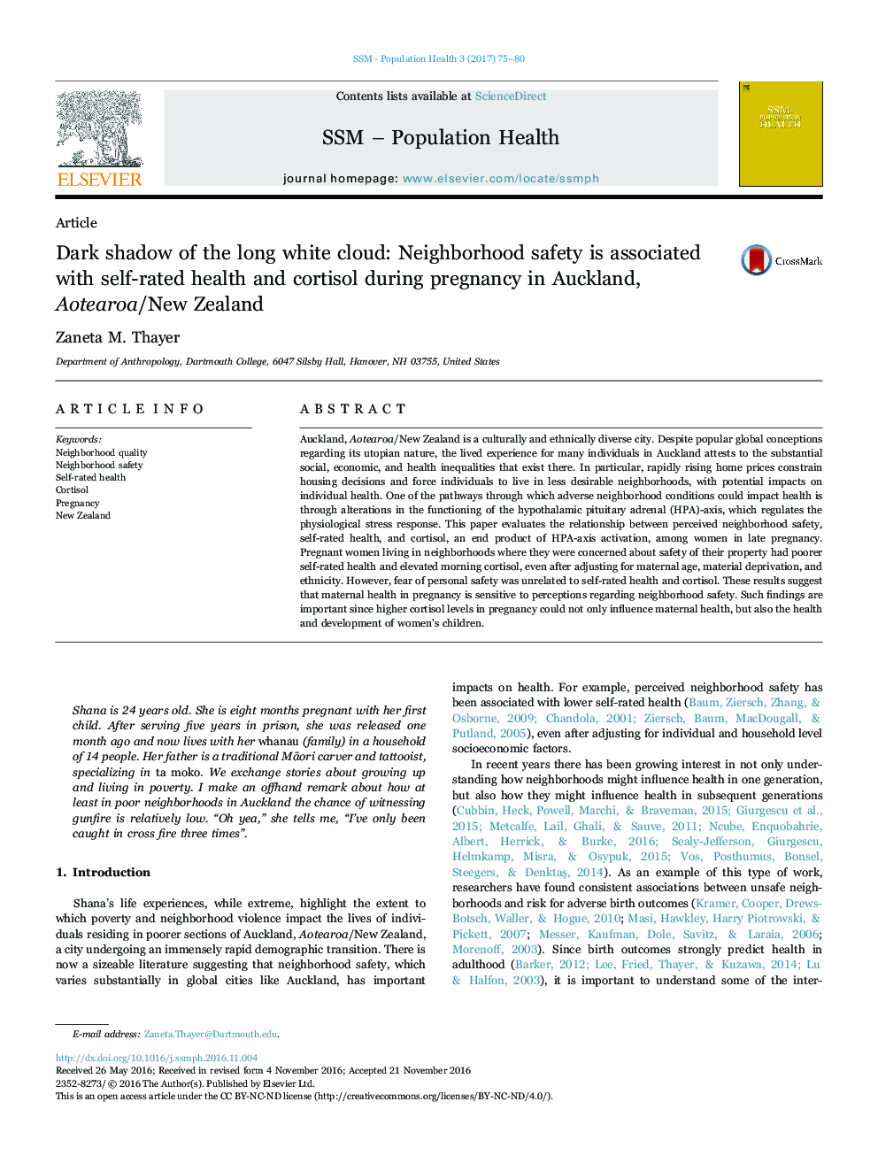 Dark shadow of the long white cloud: Neighborhood safety is associated with self-rated health and cortisol during pregnancy in Auckland, Aotearoa/New Zealand