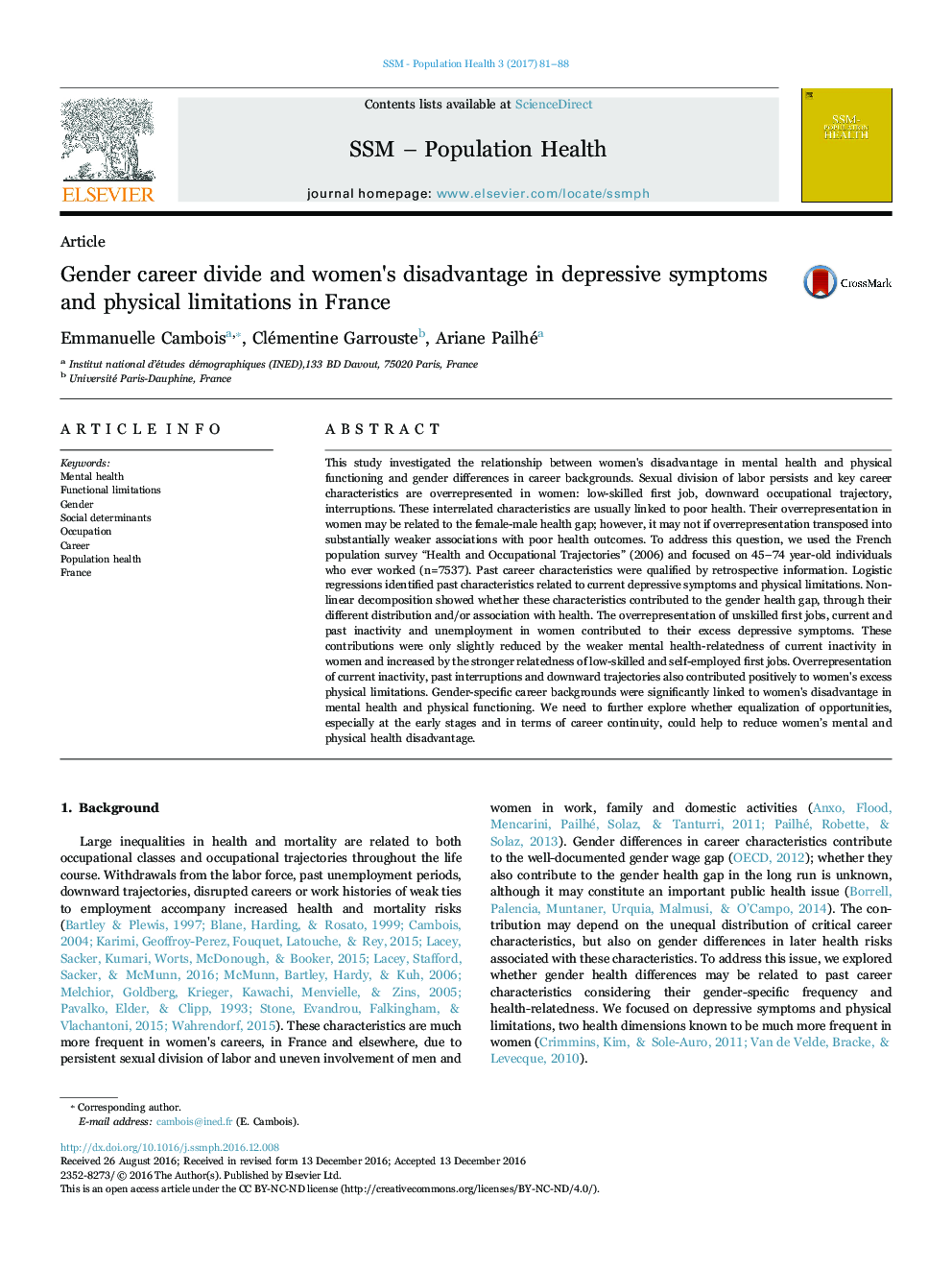 Gender career divide and women's disadvantage in depressive symptoms and physical limitations in France