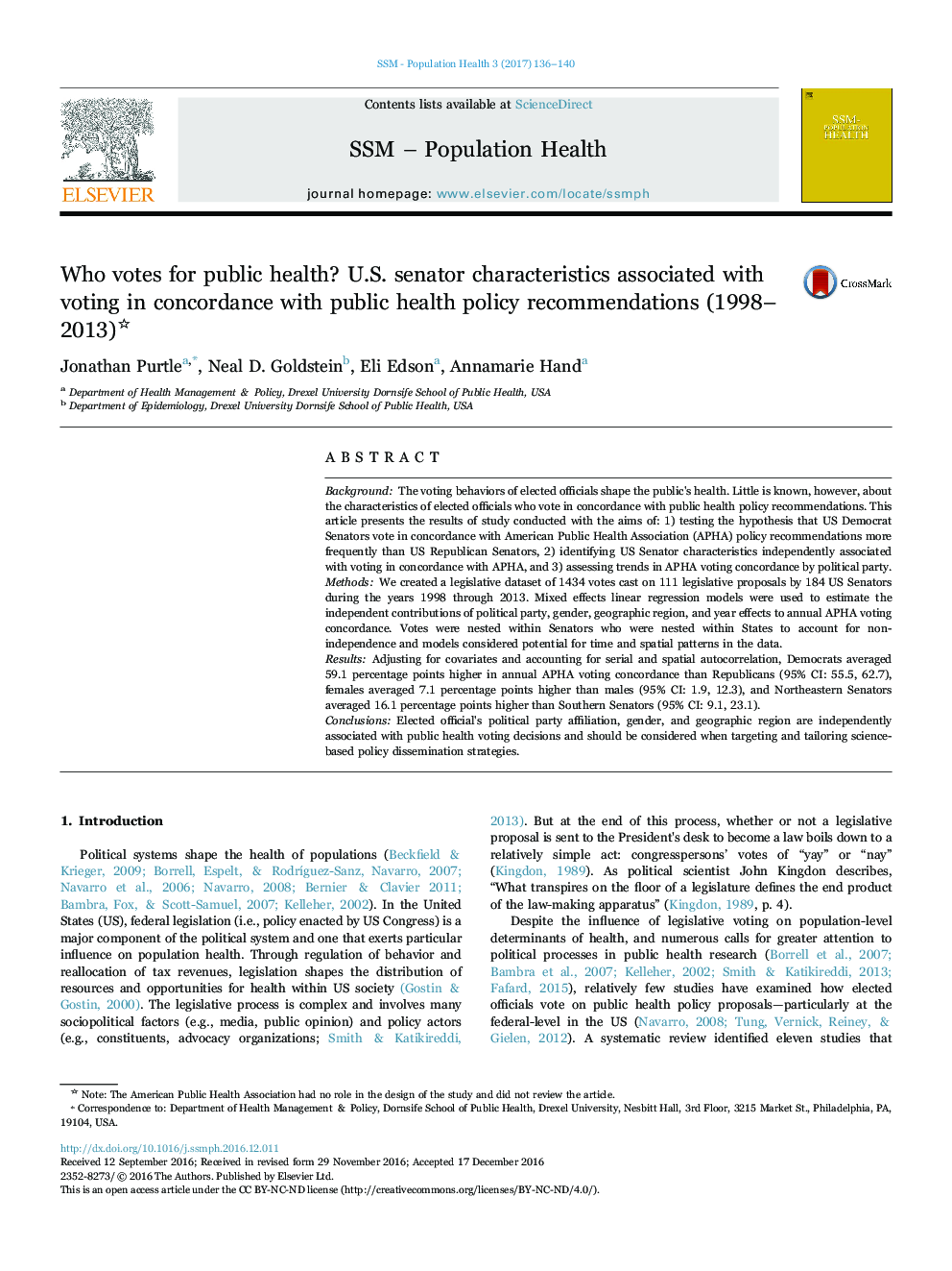 Who votes for public health? U.S. senator characteristics associated with voting in concordance with public health policy recommendations (1998-2013)