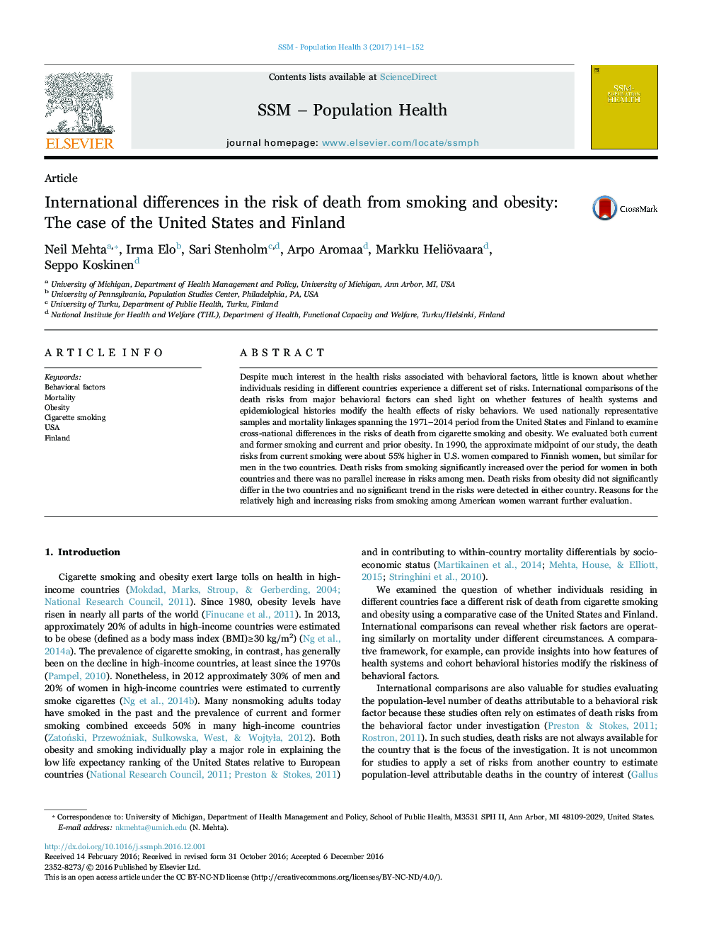 International differences in the risk of death from smoking and obesity: The case of the United States and Finland