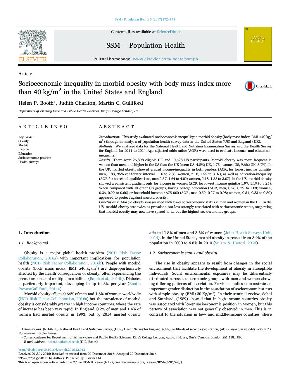 Socioeconomic inequality in morbid obesity with body mass index more than 40 kg/m2 in the United States and England