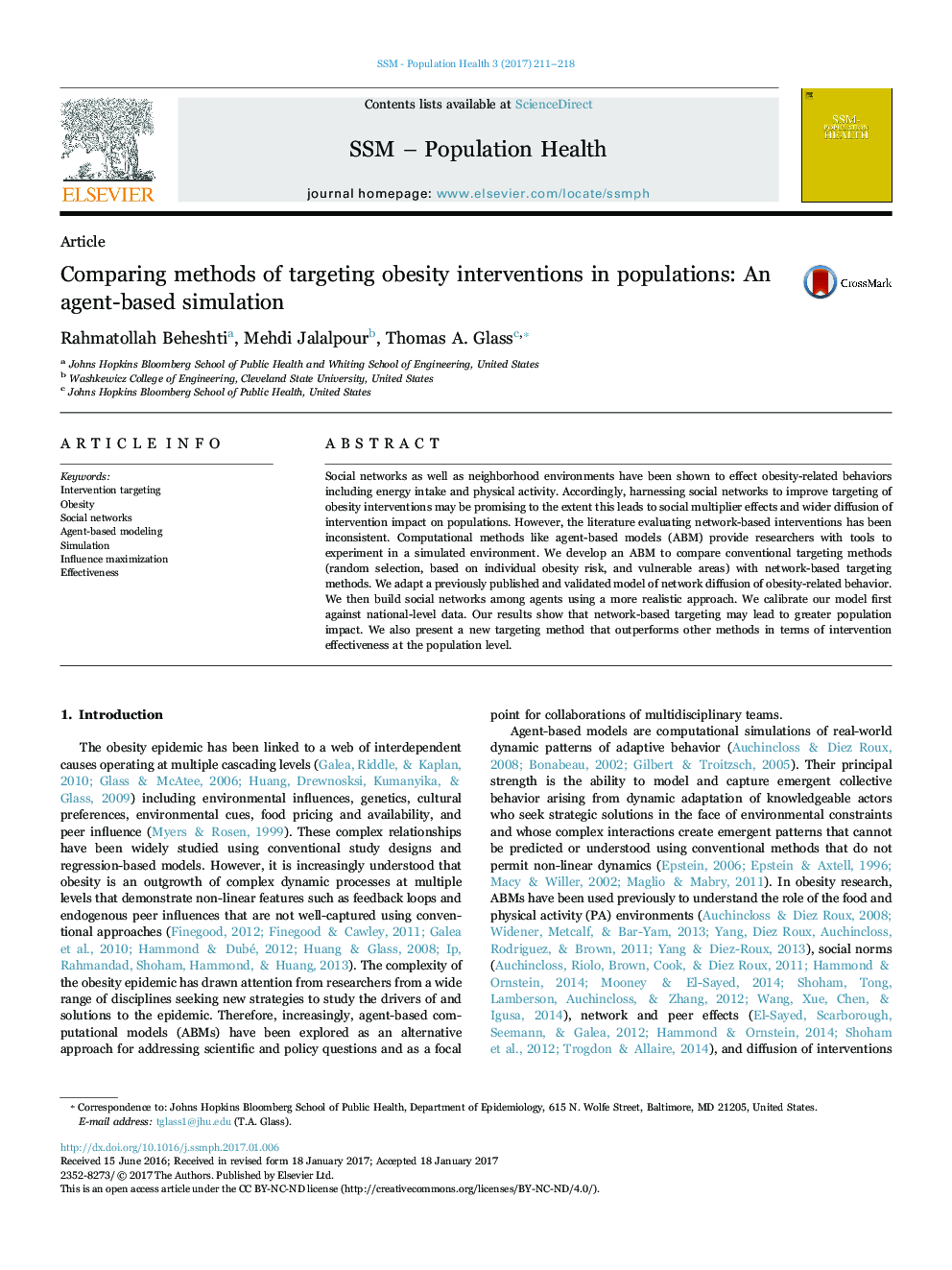 Comparing methods of targeting obesity interventions in populations: An agent-based simulation