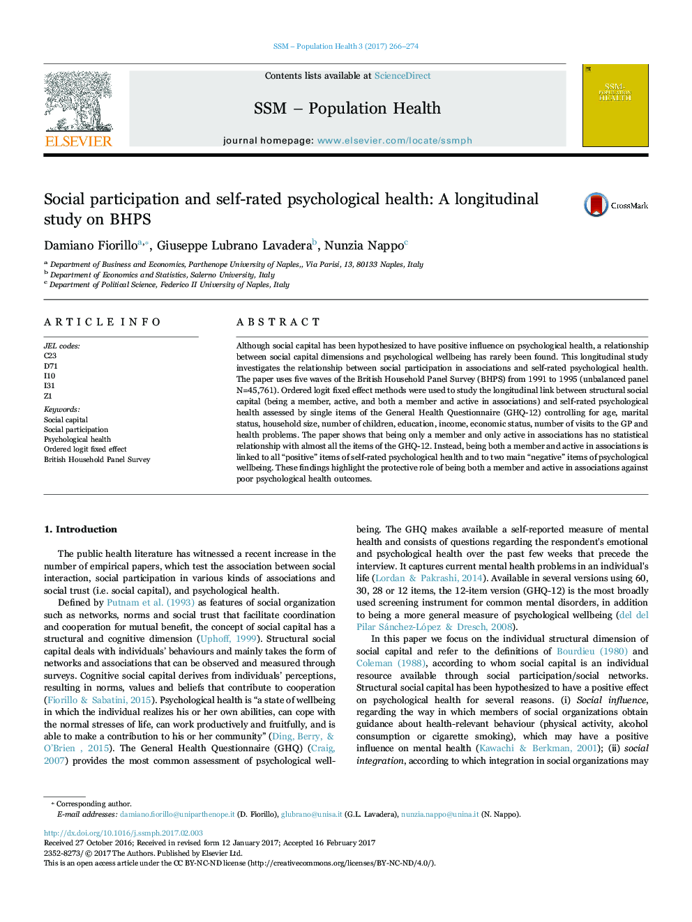 Social participation and self-rated psychological health: A longitudinal study on BHPS