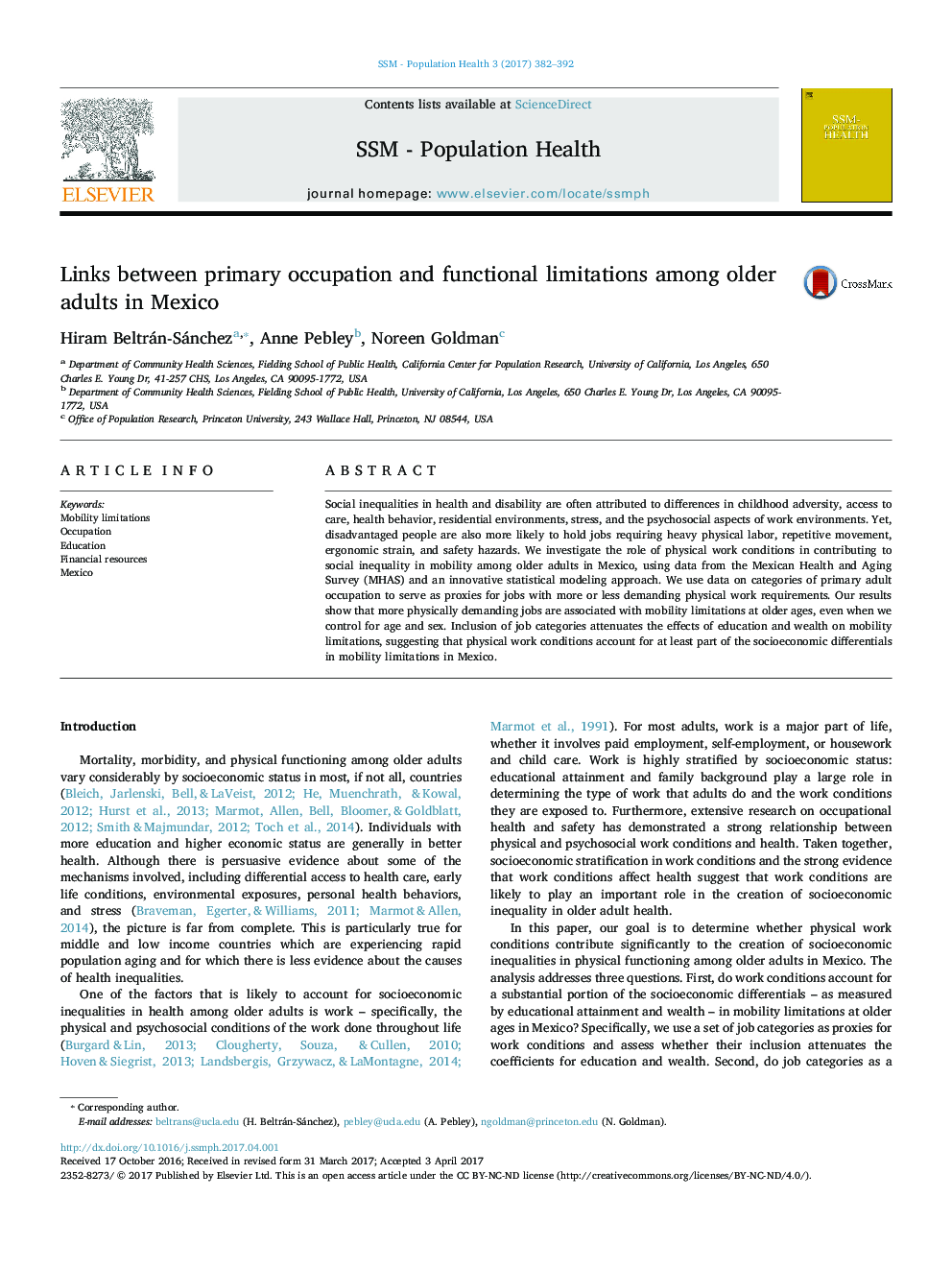 Links between primary occupation and functional limitations among older adults in Mexico