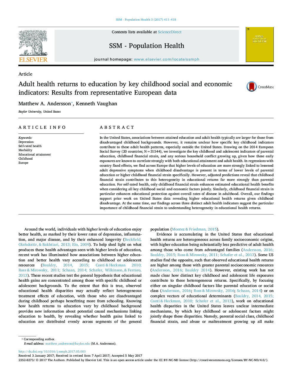 Adult health returns to education by key childhood social and economic indicators: Results from representative European data