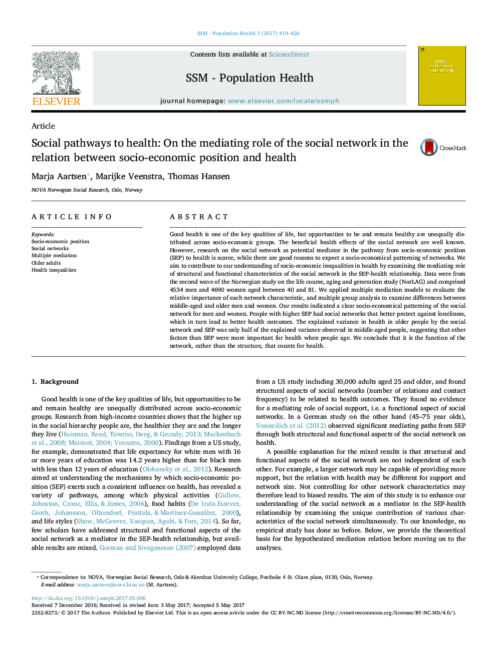 Social pathways to health: On the mediating role of the social network in the relation between socio-economic position and health