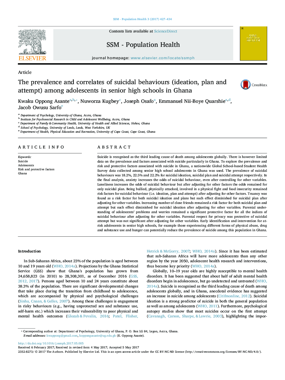 The prevalence and correlates of suicidal behaviours (ideation, plan and attempt) among adolescents in senior high schools in Ghana