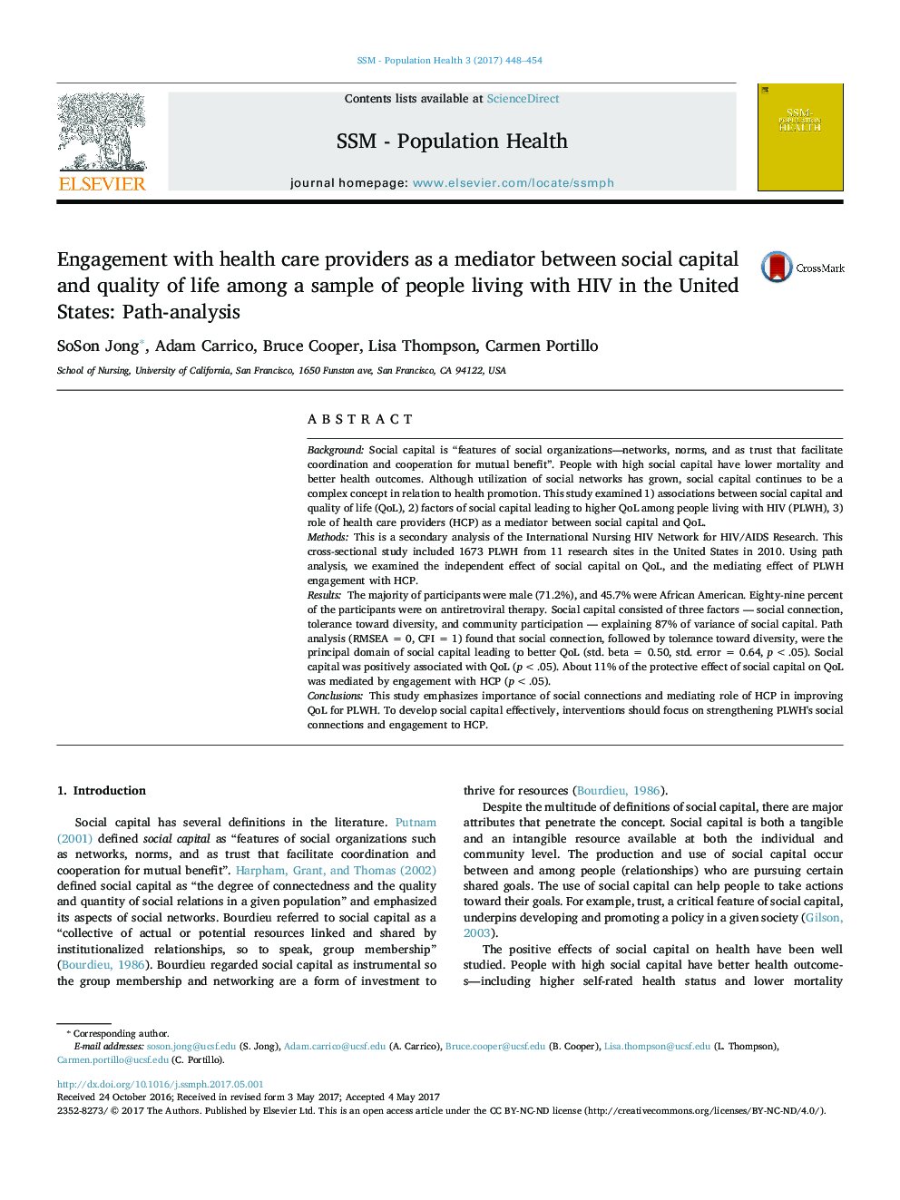 Engagement with health care providers as a mediator between social capital and quality of life among a sample of people living with HIV in the United States: Path-analysis