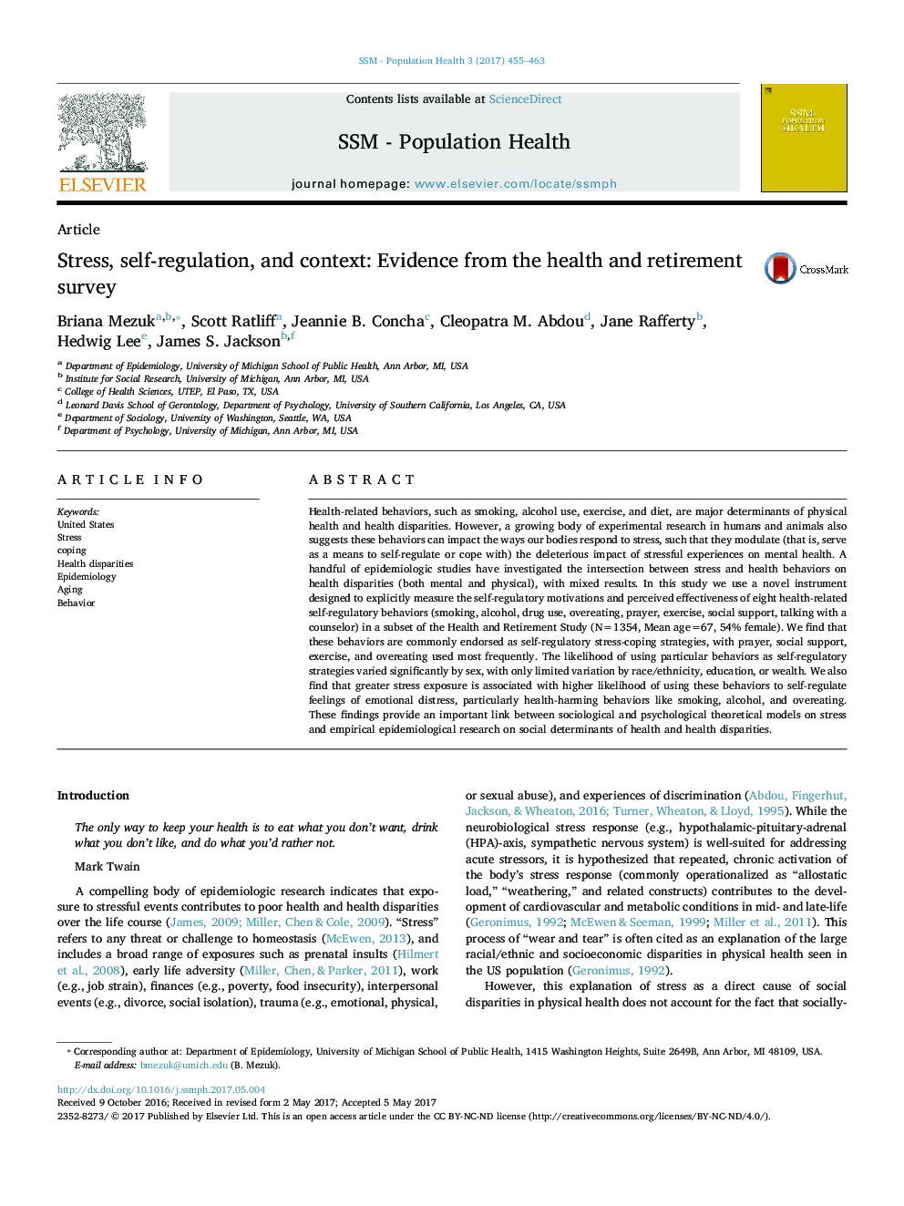 Stress, self-regulation, and context: Evidence from the health and retirement survey