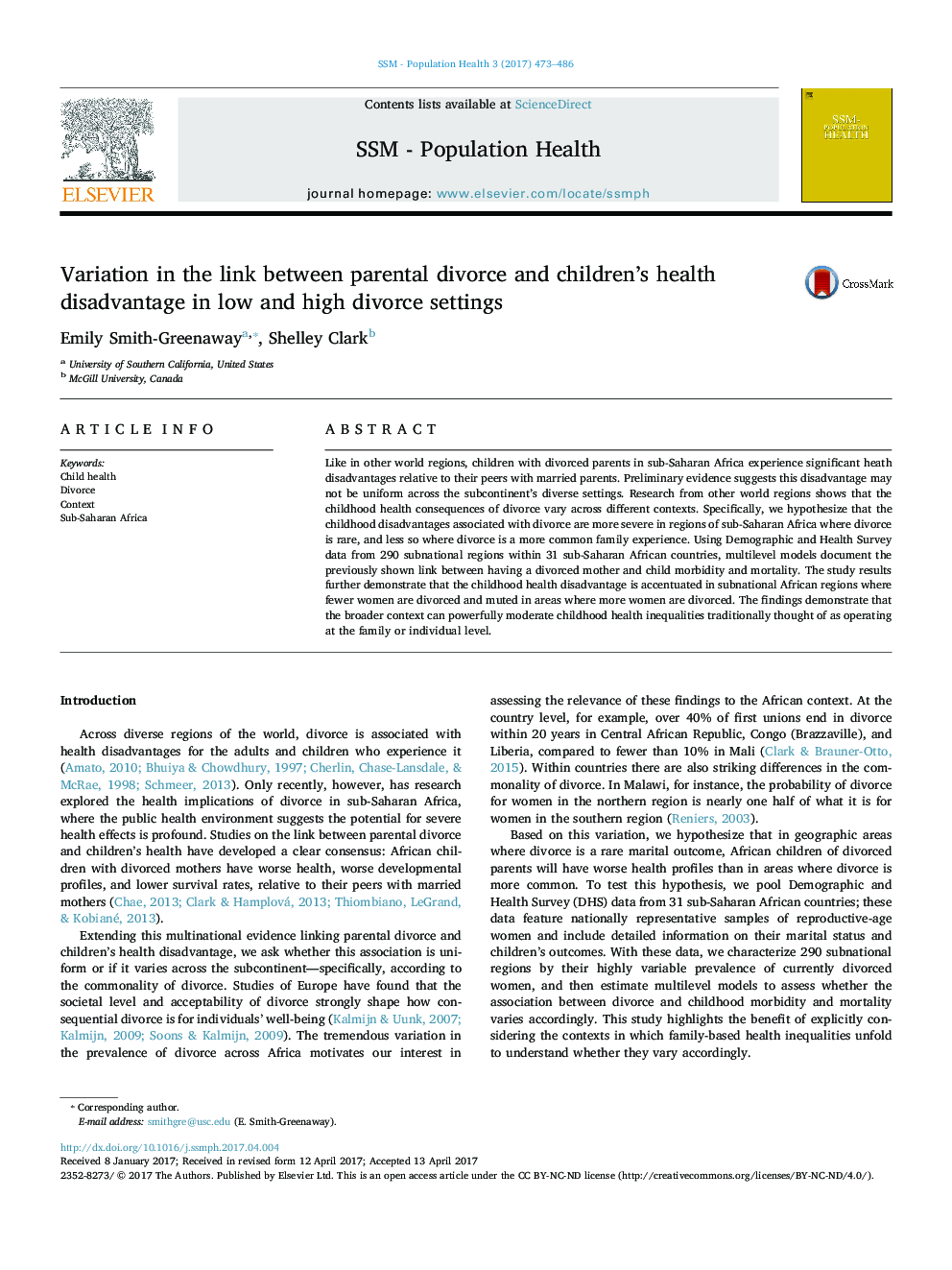 Variation in the link between parental divorce and children's health disadvantage in low and high divorce settings