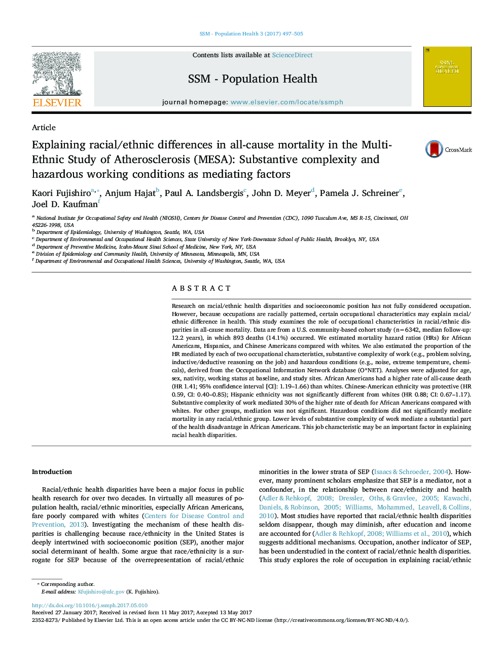 Explaining racial/ethnic differences in all-cause mortality in the Multi-Ethnic Study of Atherosclerosis (MESA): Substantive complexity and hazardous working conditions as mediating factors