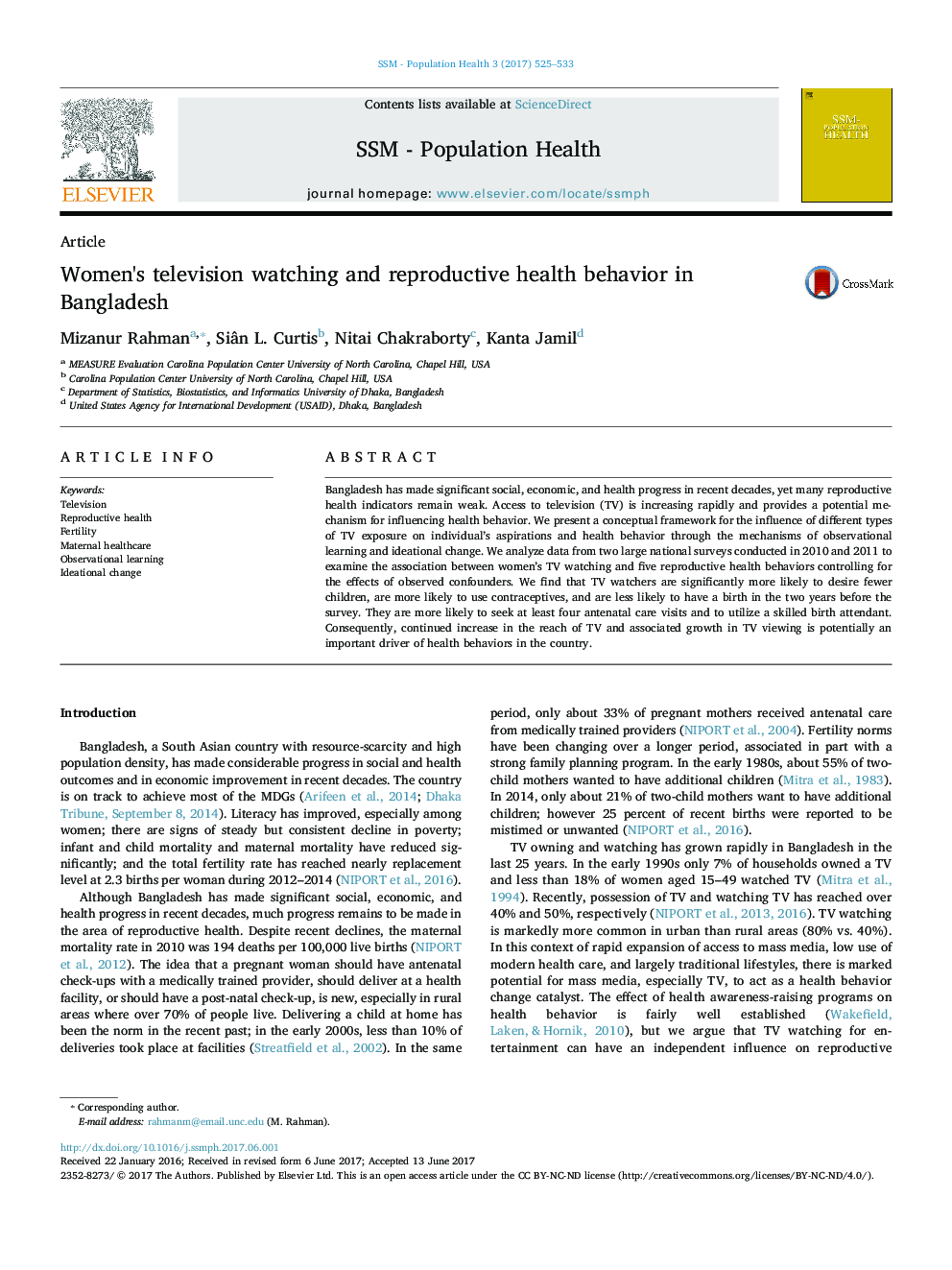 Women's television watching and reproductive health behavior in Bangladesh