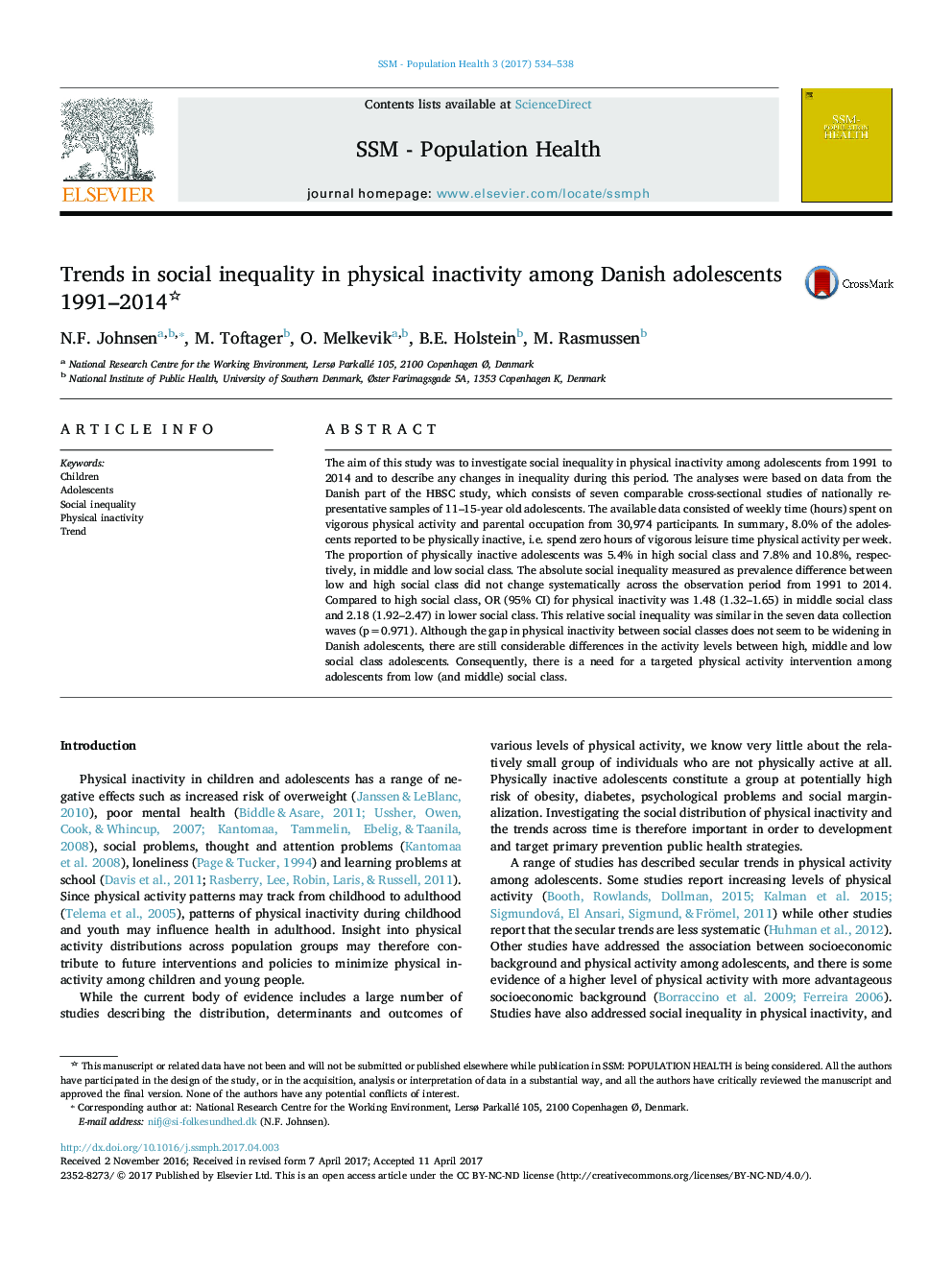 Trends in social inequality in physical inactivity among Danish adolescents 1991-2014